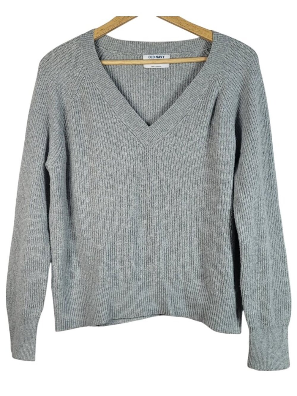 Old Navy Womens V Neck Sweater Gray Small Ribbed Soft Long Sleeve Pullover
